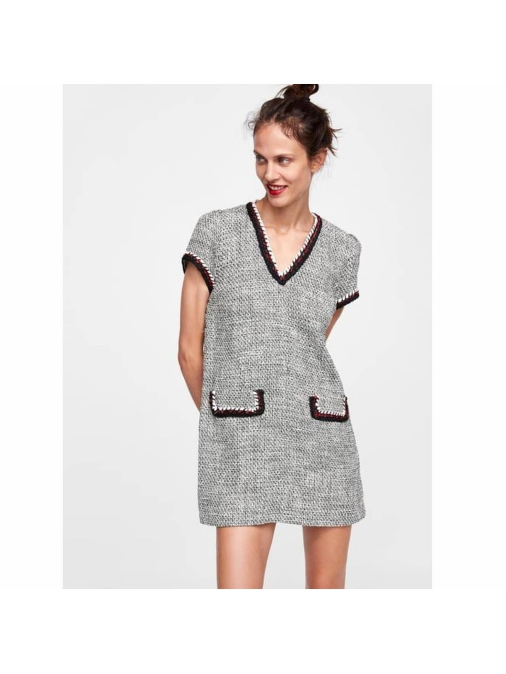 Zara Grey Tweed V-Neck Shift Dress with Contrast Trim